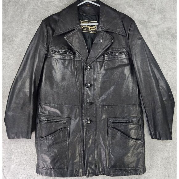 Montgomery Ward Leather Jacket Mens Size 40R Button Up Long Sleeve 80s Vintage - Picture 1 of 15
